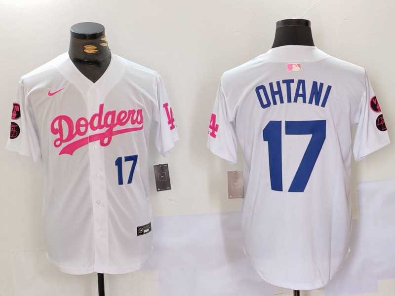 Men%27s Los Angeles Dodgers #17 Shohei Ohtani White Pink Vin & Kobe Patch Stitched Baseball Jersey1->atlanta braves->MLB Jersey